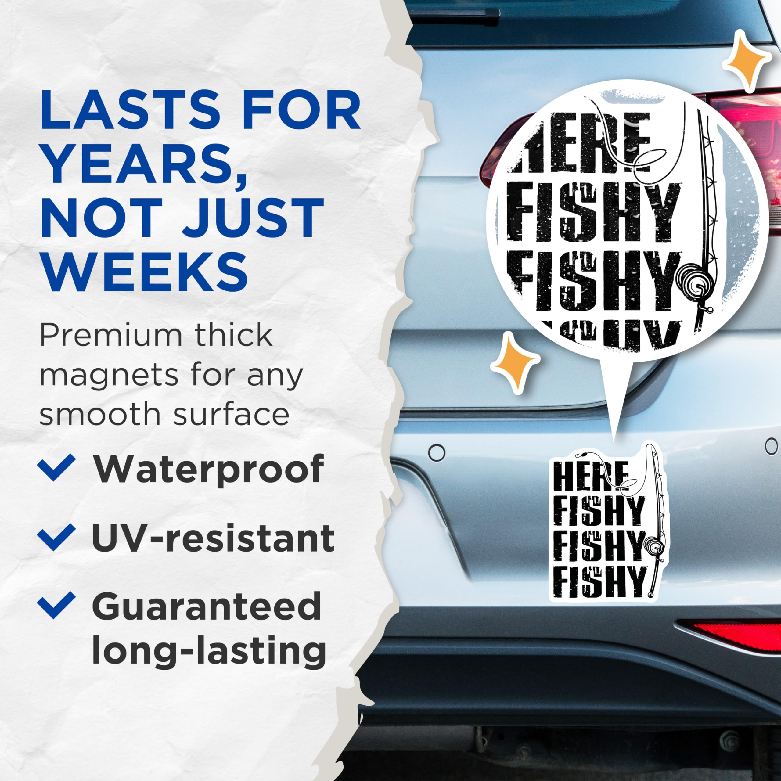 (2 Pack) Here Fishy Fishy Magnets - Fishing Humor - Angler Refrigerator Magnets - 5" On Longest Side - Premium Magnet - for Cars, Refrigerators, Toolboxes, Lockers - Made in USA - MAG16613