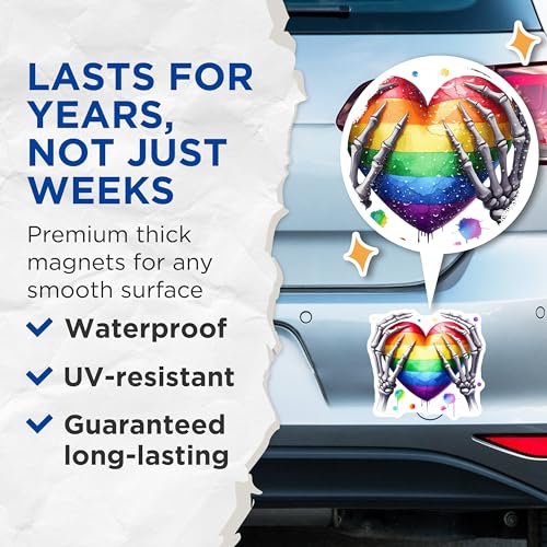 (2 Pack) Rainbow Heart Skeleton Hands Magnets - LGBT Pride Decor - Skeleton Art Fridge Magnets - 5" On Longest Side - for Cars, Fridges, Toolboxes - Made in USA - MAG7272
