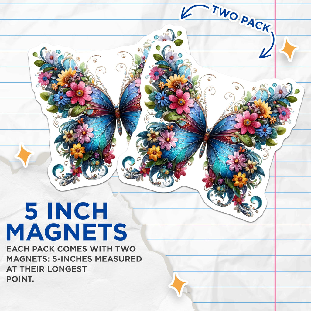 (2 Pack) Butterfly Flower Magnets - Floral Insect Decor - Decorative Fridge Magnets - 5" On Longest Side - Premium Magnet - for Cars, Refrigerators, Toolboxes, Lockers - Made in USA - MAG16434