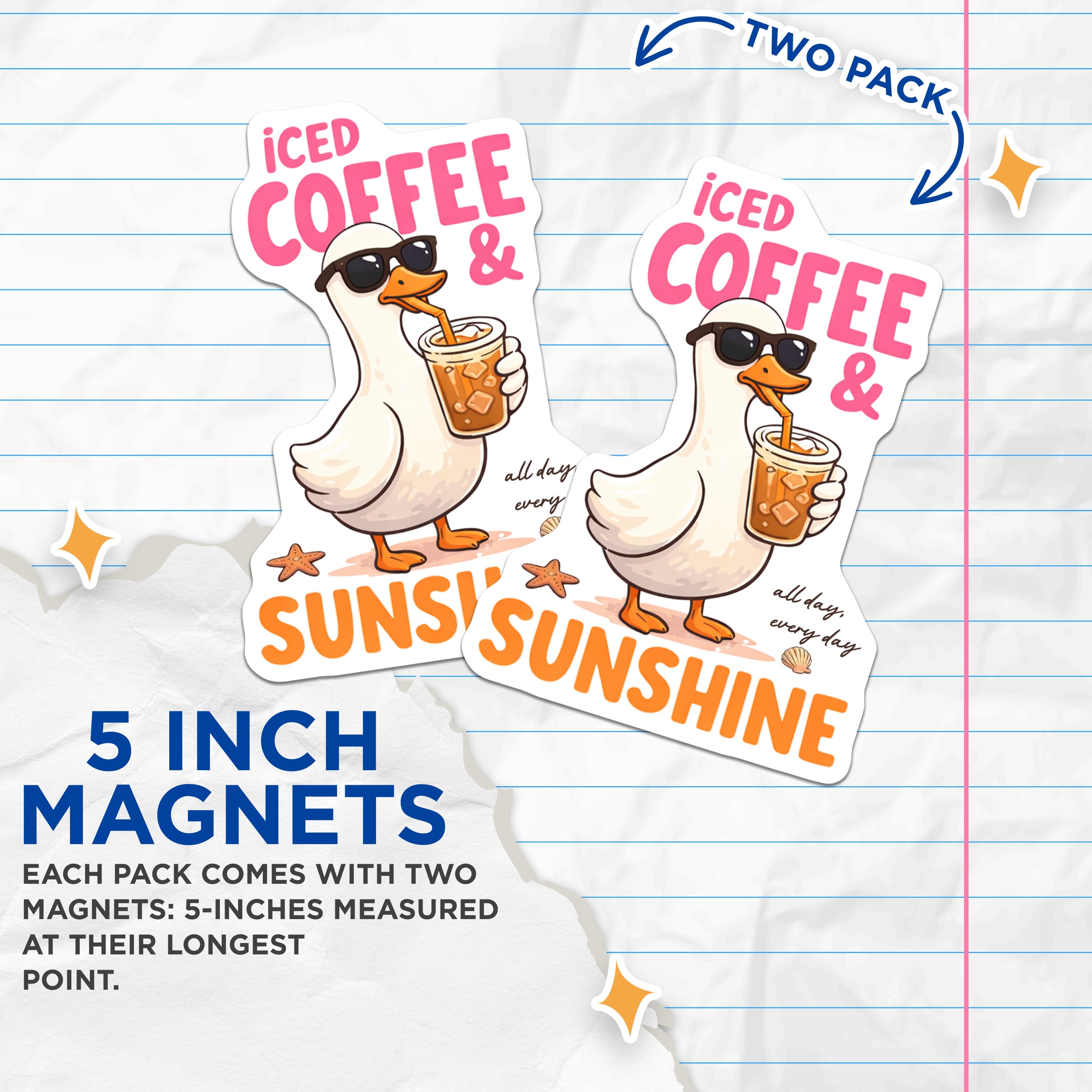 (2 Pack) Iced Coffee Sunshine Duck Magnets - Cute Animal Fridge Decor - Summer Vibe Funny Kitchen Art - 5 Inches On Longest Side - Thick Durable Magnet - Made in USA - MAG36824