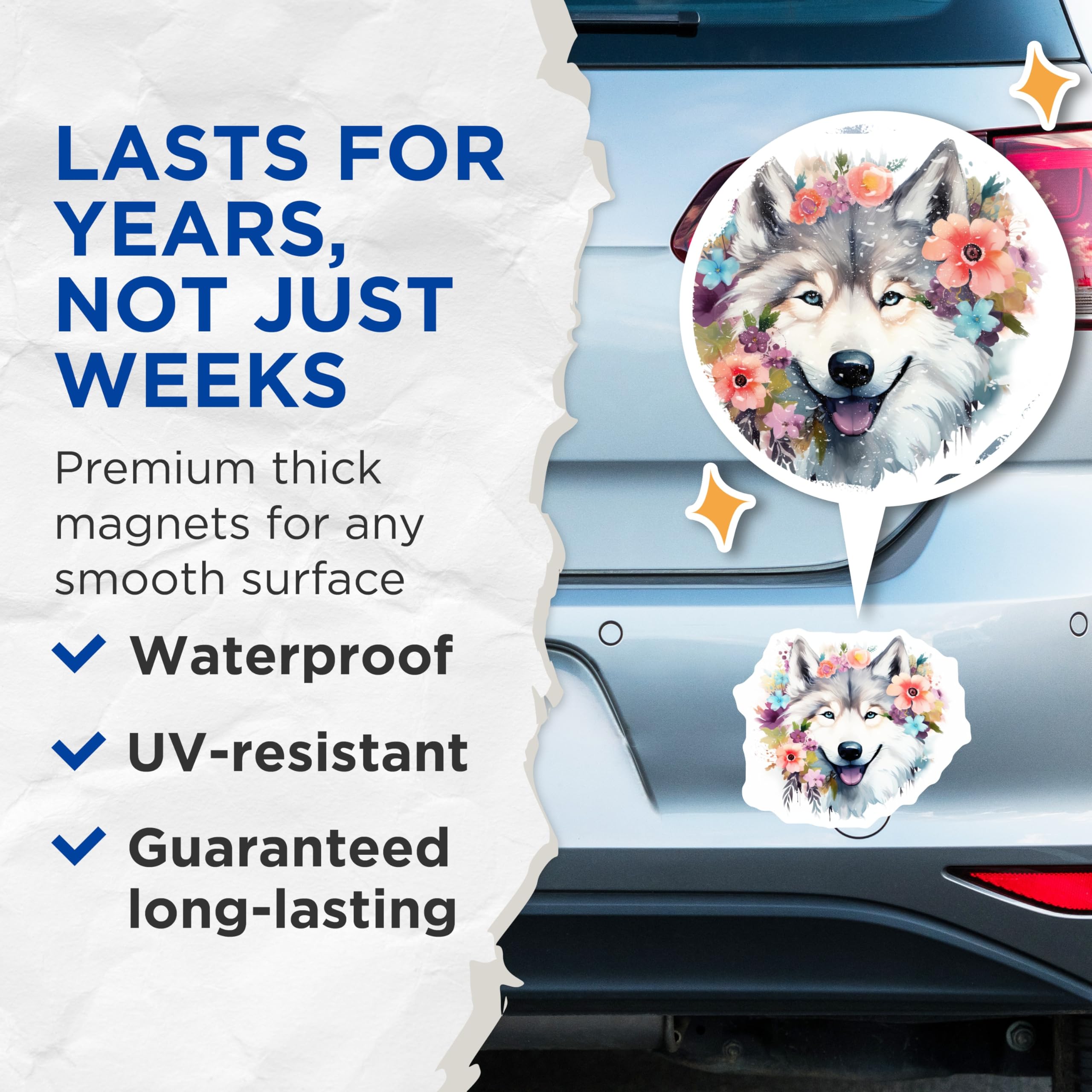 (2 Pack) Floral Husky Magnets - Boho Dog Decor - Whimsical Animal Art - 5 Inches On Longest Side - Thick Durable Magnet - Made in USA - MAG26743