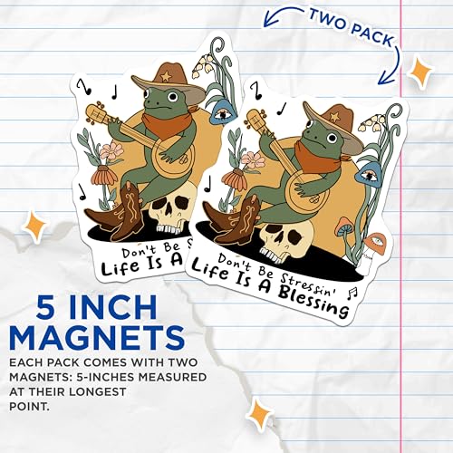 (2 Pack) Frog Banjo Player Magnets - Life is A Blessing - Stress Free Decor - Cute Frog Magnets - 5" On Longest Side - for Cars, Fridges, Toolboxes - Made in USA - MAG7267