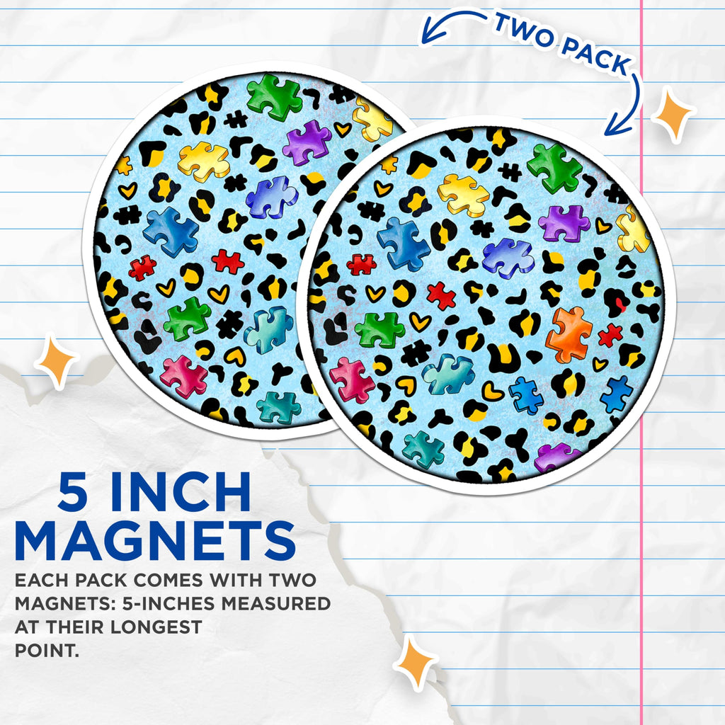 (2 Pack) Autism Awareness Magnets - Puzzle Piece Leopard Print - Neurodiversity Support Decor - 5 Inches On Longest Side - Thick Durable Magnet - Made in USA - MAG27780