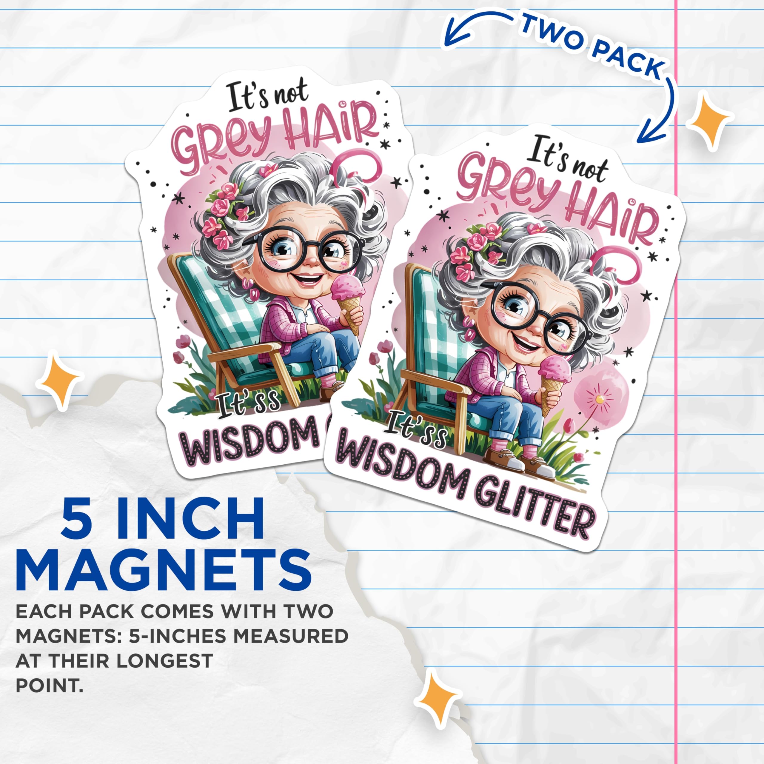 (2 Pack) Wisdom Glitter Magnets - Funny Grandma Quote - Senior Lady Refrigerator Decor - 5 Inches On Longest Side - Thick Durable Magnet - Made in USA - MAG22282