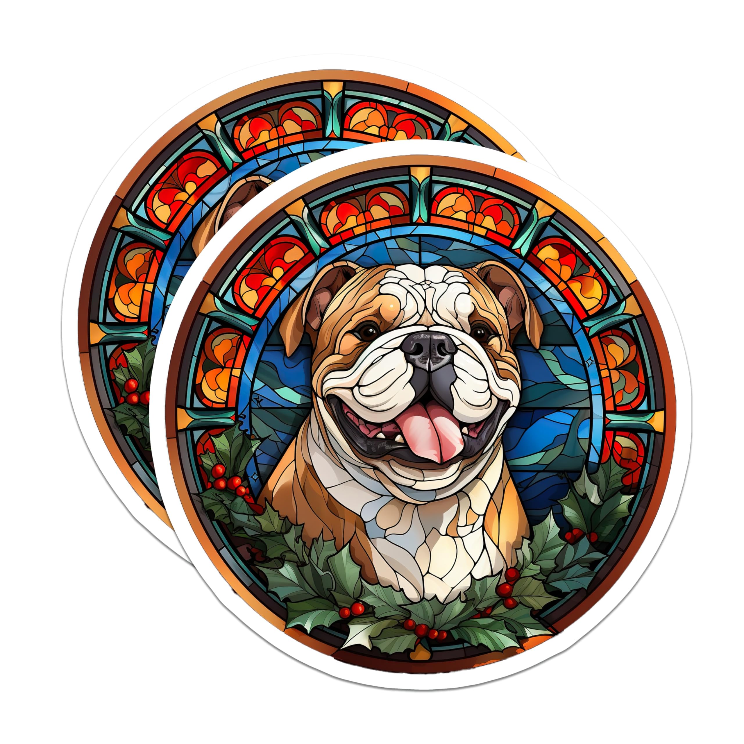 (2 Pack) Stained Glass Bulldog Magnets - Christmas Holiday Pet Decor - Festive Dog Refrigerator Art - 5 Inches On Longest Side - Thick Durable Magnet - Made in USA - MAG23602