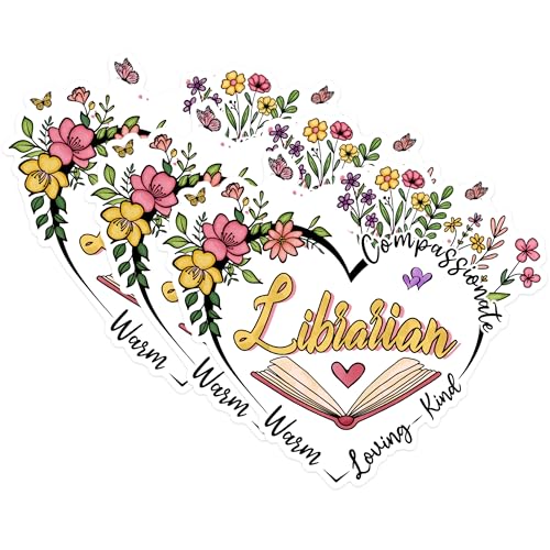 (3 Pack) Librarian Decals - Floral Librarian - Book Lover Decal - 3 Inches On Longest Side - Easy Peel & Apply - Made in USA - 3MCS1778