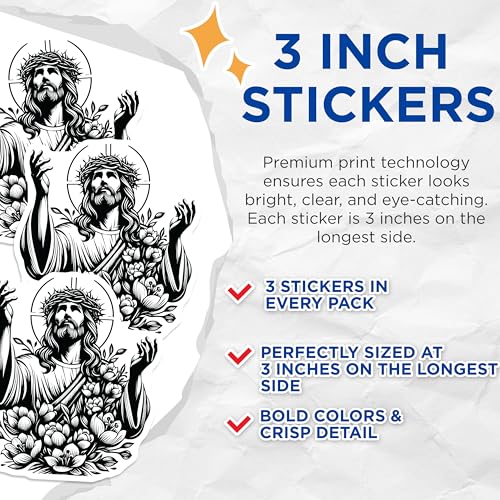 (3 Pack) Jesus Flower Decals - Religious Stickers - Christian Laptop Decals - 3 Inches On Longest Side - Easy Peel & Apply - Made in USA - 3MCS6088