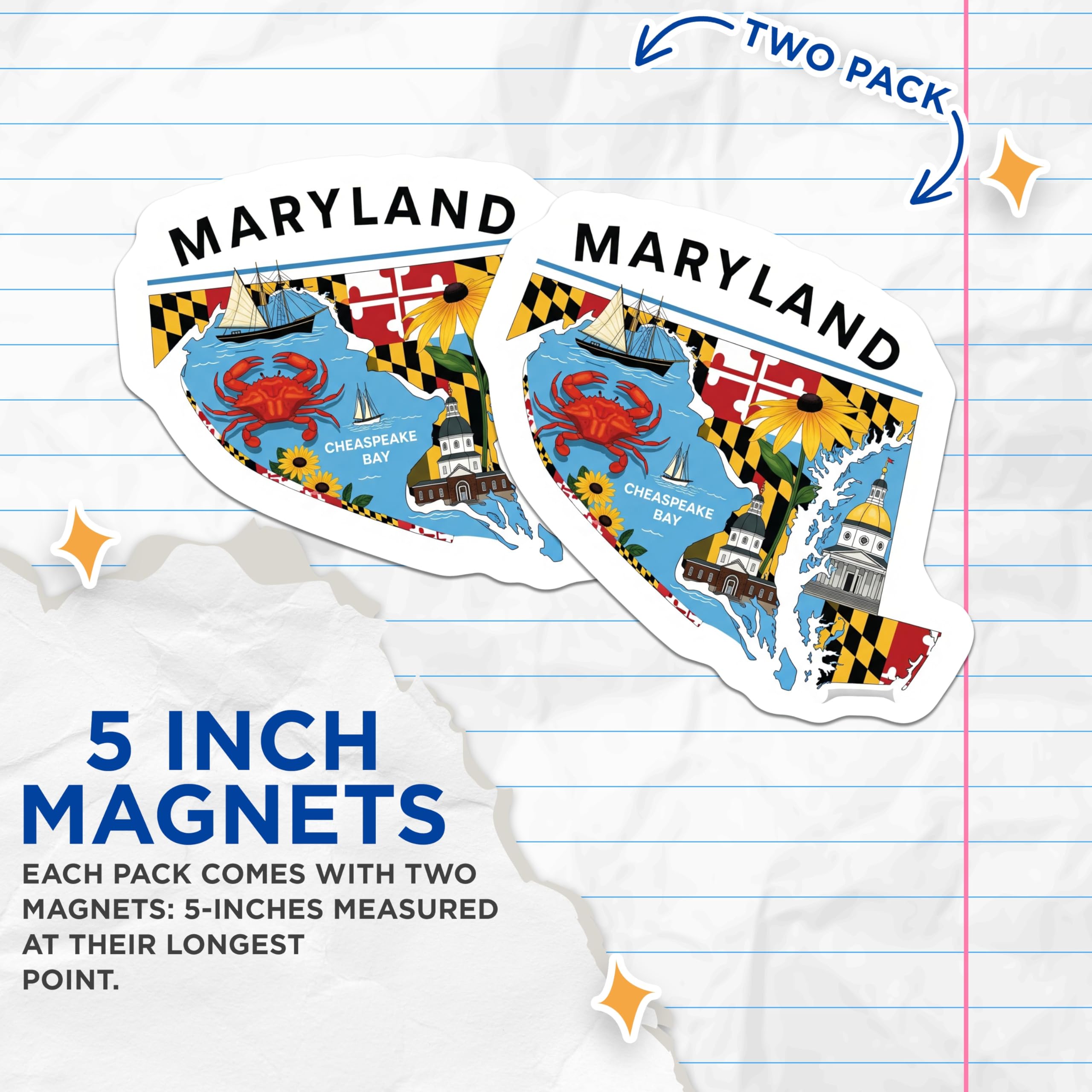 (2 Pack) Maryland Magnets - Chesapeake Bay Decor - State Pride Fridge Magnets - 5" On Longest Side - Premium Magnet - for Cars, Refrigerators, Toolboxes, Lockers - Made in USA - MAG18046