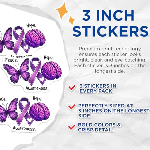 (3 Pack) Awareness Ribbon Decals - Butterfly Decals - Brain Awareness Decal - 3 Inches On Longest Side - Easy Peel & Apply - Made in USA - 3MCS8562