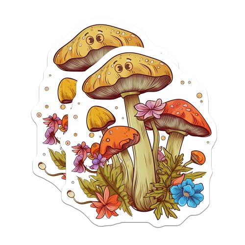 (2 Pack) Whimsical Mushroom Stickers - Cute Fungi Stickers - Colorful Forest Stickers - 5" On Longest Side - Sticks to Any Smooth Flat Surface - Made in USA - BMCS3533