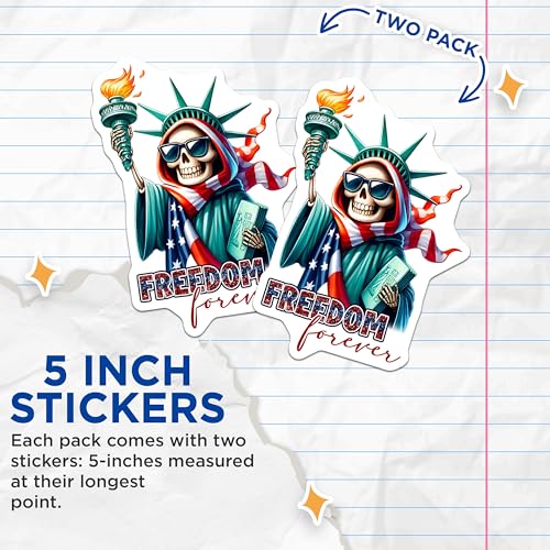 (2 Pack) Liberty Skull Stickers - Freedom Forever Decals - Patriotic Skull - USA Theme - 5" On Longest Side - Sticks to Smooth Flat Surfaces - Made in USA - BMCS7925