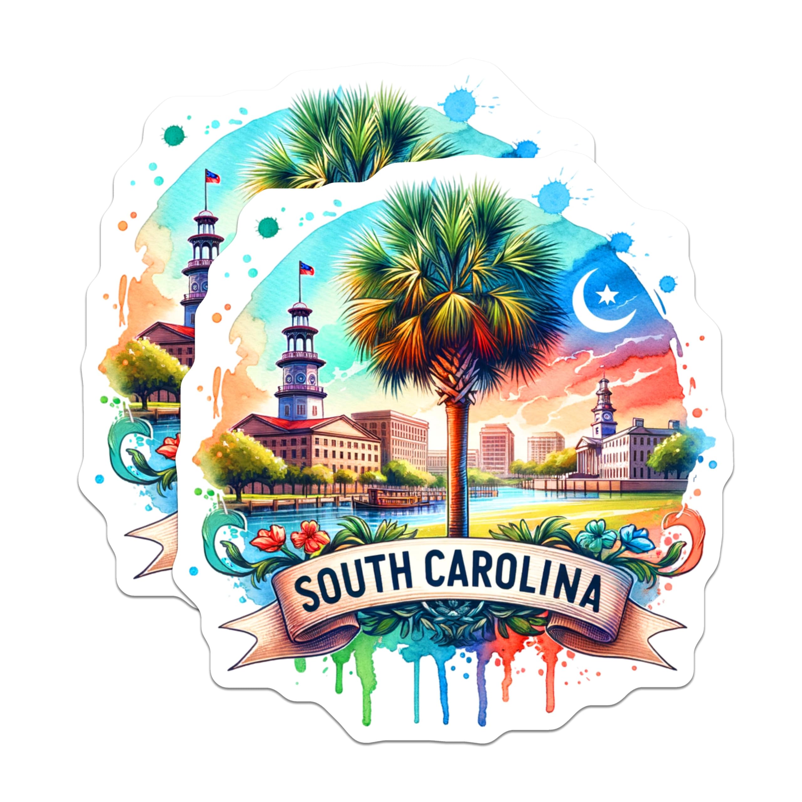 (2 Pack) South Carolina Stickers - Watercolor Skyline Art - Palmetto State Design Decals - 5" On Longest Side - Sticks to Smooth Flat Surfaces - Made in USA - BMCS6808