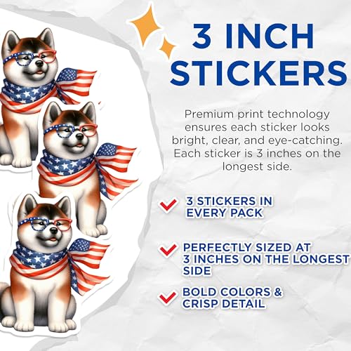 (3 Pack) Patriotic Akita Decals - American Flag Dog - Laptop Stickers- 3 Inches On Longest Side - Easy Peel & Apply - Made in USA - 3MCS5918
