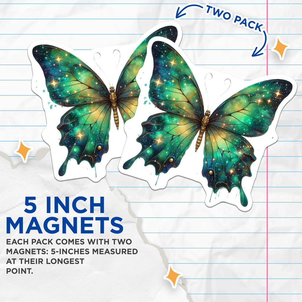(2 Pack) Cosmic Butterfly Magnets - Emerald Galaxy Aesthetics - Vibrant Nature Decor - Mystical Locker Art - 5 Inches On Longest Side - Thick Durable Magnet - Made in USA - MAG36561