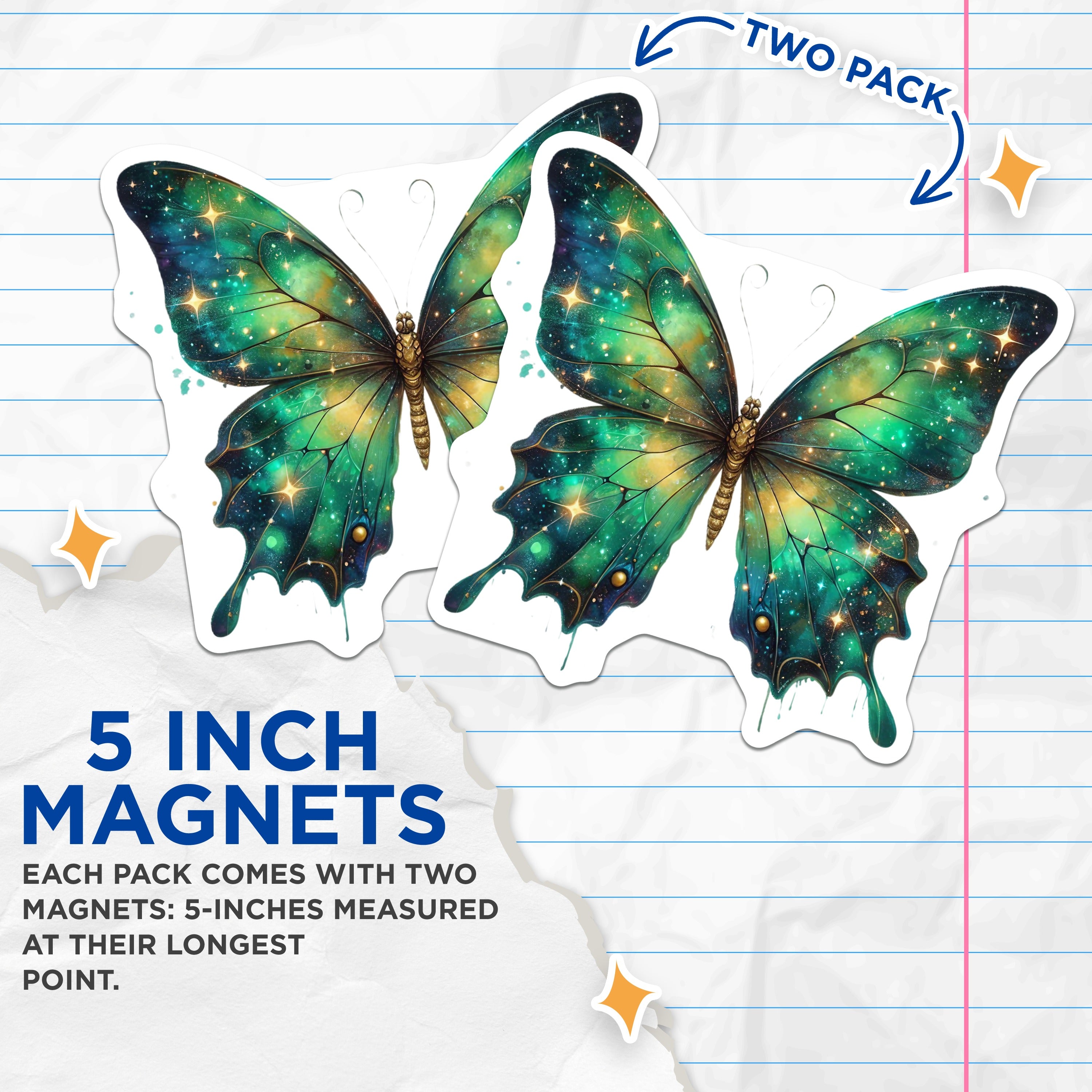 (2 Pack) Cosmic Butterfly Magnets - Emerald Galaxy Aesthetics - Vibrant Nature Decor - Mystical Locker Art - 5 Inches On Longest Side - Thick Durable Magnet - Made in USA - MAG36561