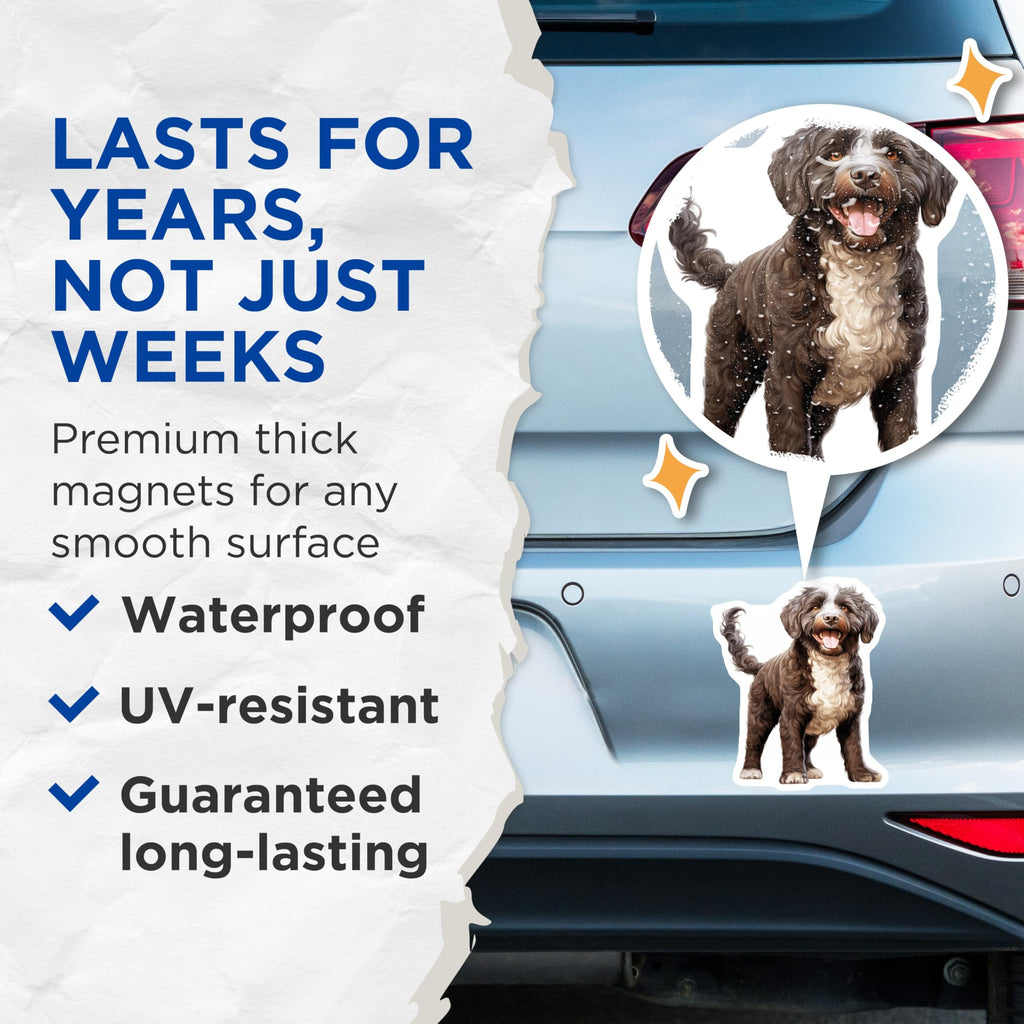 (2 Pack) Portuguese Water Dog Magnets - Curly Brown Dog Lover Decor - Happy Pet Refrigerator Art - 5 Inches On Longest Side - Thick Durable Magnet - Made in USA - MAG29958