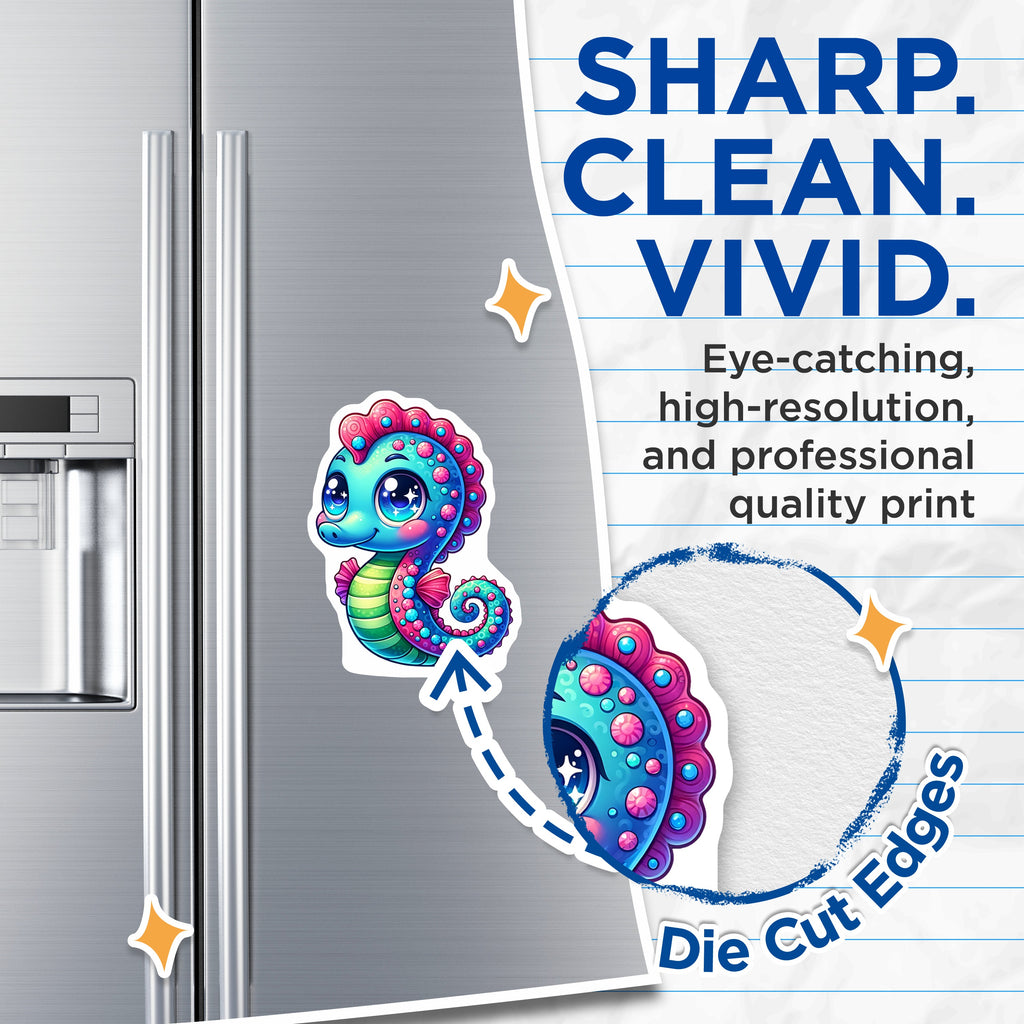 (2 Pack) Cute Kawaii Seahorse Magnets - Big Eyes Ocean Creature - Vibrant Fantasy Marine Life Locker Decor - 5 Inches On Longest Side - Thick Durable Magnet - Made in USA - MAG37858