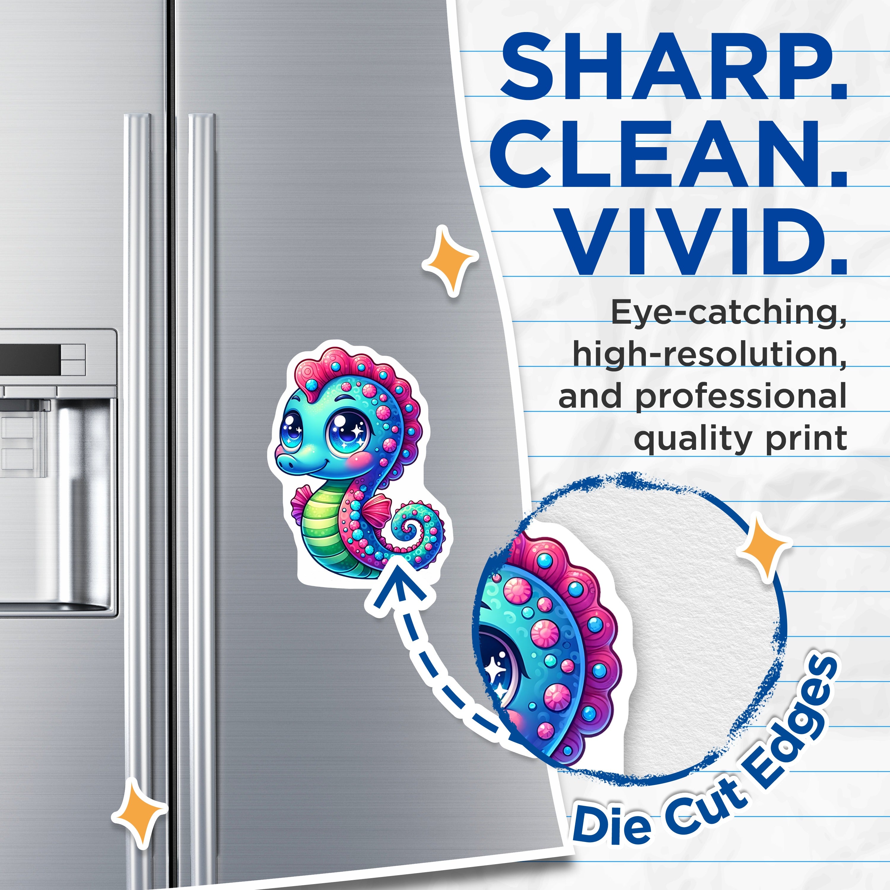 (2 Pack) Cute Kawaii Seahorse Magnets - Big Eyes Ocean Creature - Vibrant Fantasy Marine Life Locker Decor - 5 Inches On Longest Side - Thick Durable Magnet - Made in USA - MAG37858