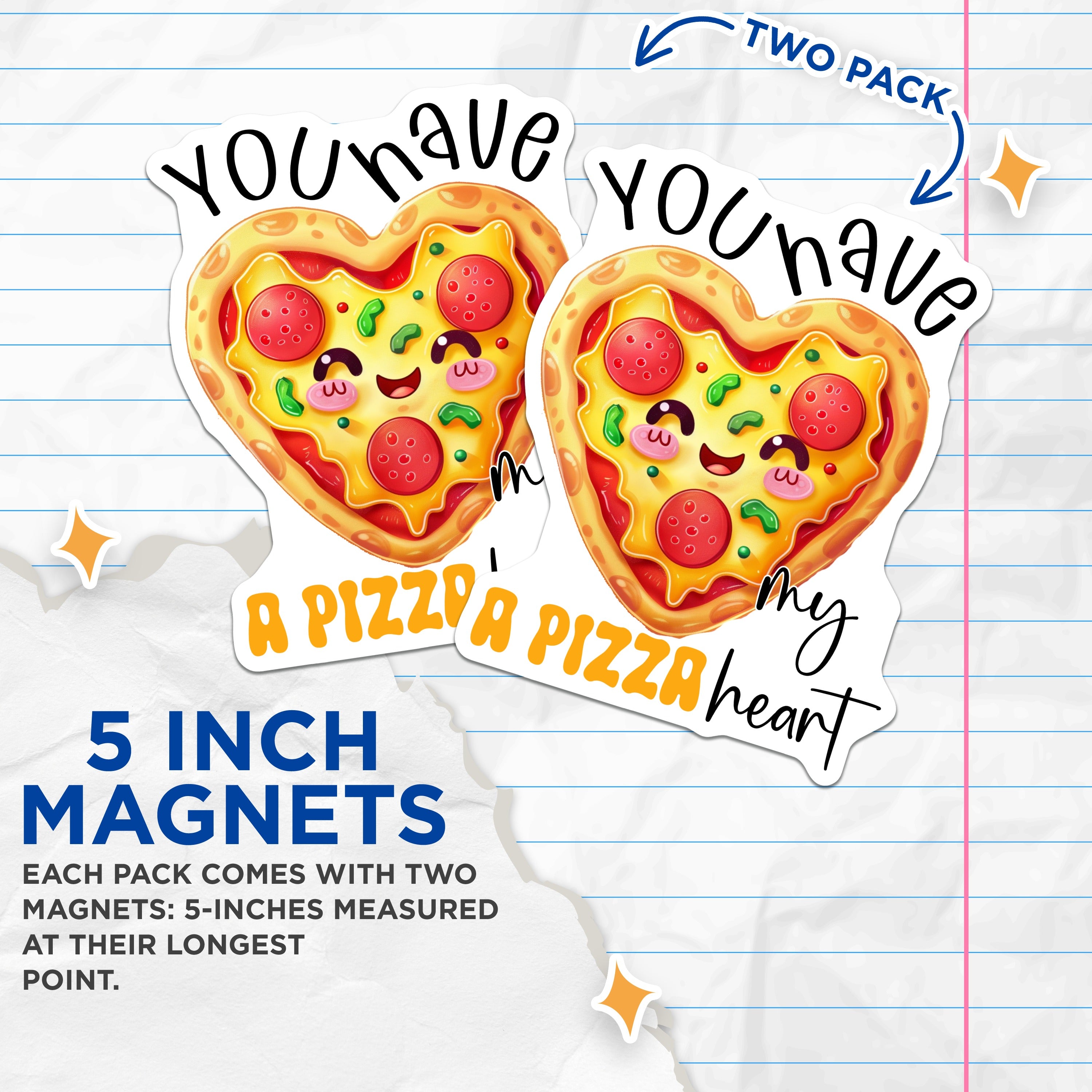 (2 Pack) Pizza Heart Magnets - Kawaii Foodie Decor - Funny Love Pun Fridge Magnet - 5 Inches On Longest Side - Thick Durable Magnet - Made in USA - MAG38093