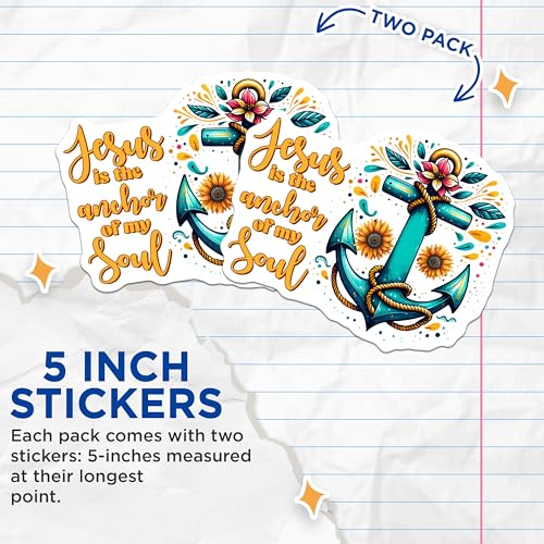(2 Pack) Jesus is The Anchor of My Soul Stickers - Religious Faith Stickers - Inspirational Quote Stickers - 5" On Longest Side - Sticks to Any Smooth Flat Surface - Made in USA - BMCS3120