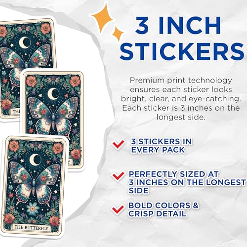 (3 Pack) Butterfly Tarot Decals - Floral Moon Stickers - Aesthetic Laptop Decal - 3 Inches On Longest Side - Easy Peel & Apply - Made in USA - 3MCS4128
