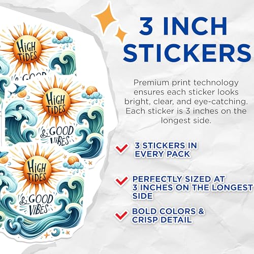 (3 Pack) High Tides Good Vibes Decals - Ocean Waves Art - Summer Beach Decals - 3 Inches On Longest Side - Easy Peel & Apply - Made in USA - 3MCS8063