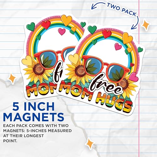(2 Pack) Free Mom Hugs Magnets Magnets - Rainbow Design - Sunflower Hearts Decor - 5" On Longest Side - Made in USA - Sticks to Refrigerators & Metal Surfaces - MAG9198