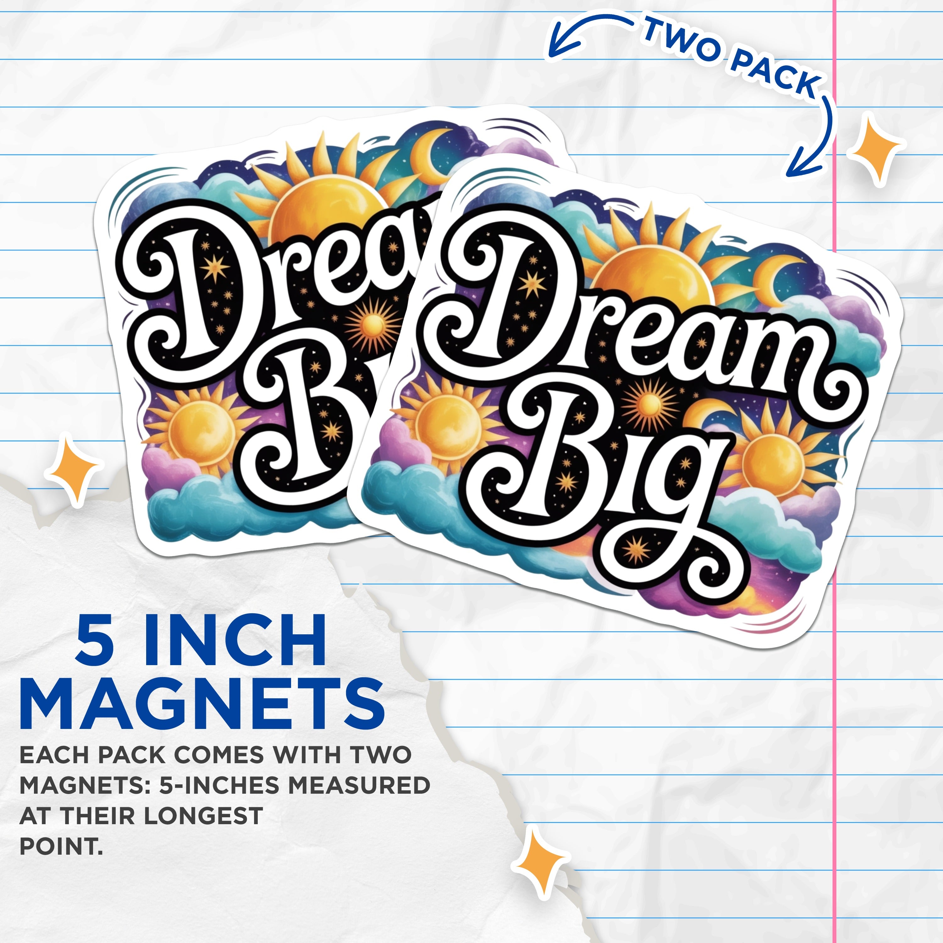 (2 Pack) Dream Big Inspirational Magnets - Celestial Decor - Motivational Quote Affirmation Students - 5 Inches On Longest Side - Thick Durable Magnet - Made in USA - MAG37959