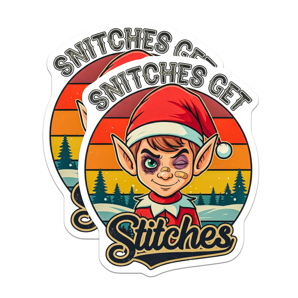 Bliss Monkey Co. (2 Pack) Snitches Get Stitches Stickers - Funny Elf Stickers - Christmas Humor - Red Vinyl Stickers - 5" - Metal, Plastic, Glass, Window - Indoor/Outdoor