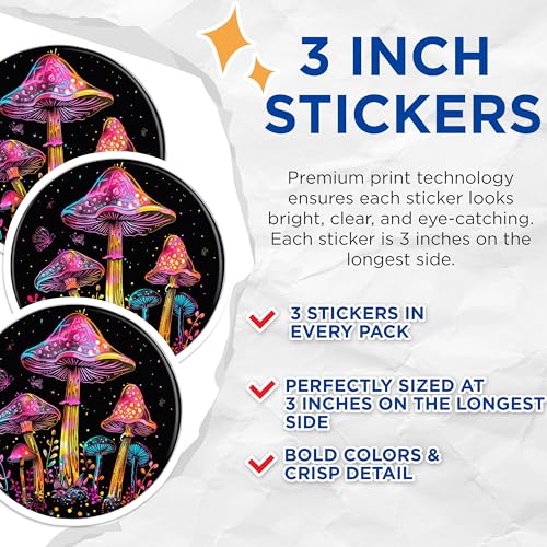 (3 Pack) Mushroom Decals - Colorful Fungi Stickers - Psychedelic Laptop Decals- 3 Inches On Longest Side - Easy Peel & Apply - Made in USA - 3MCS5299