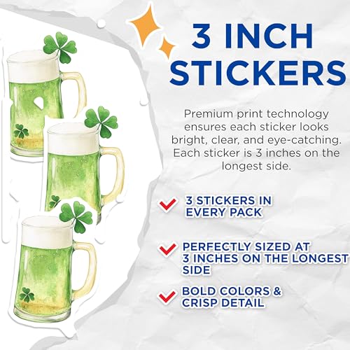 (3 Pack) St Patricks Day Decals - Green Beer - Shamrock Decals - 3 Inches On Longest Side - Easy Peel & Apply - Made in USA - 3MCS2264
