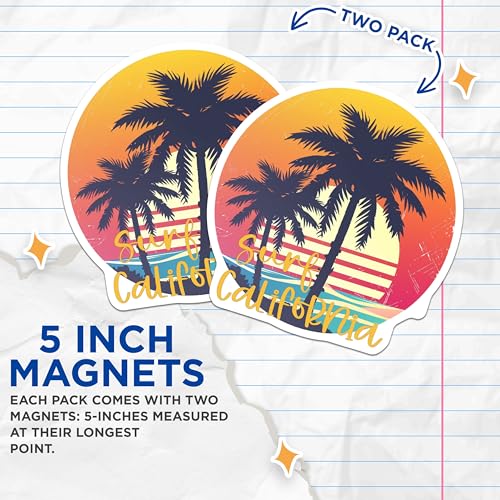 (2 Pack) Surf California Magnets - Beach Themed Magnets - Tropical Palm Tree Magnets - 5" On Longest Side - for Cars, Fridges, Toolboxes - Made in USA - MAG4320