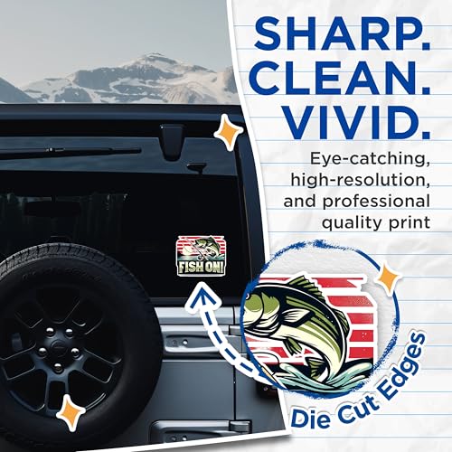 (2 Pack) Fish On Stickers - Fishing Enthusiast Stickers - Sportfishing Vinyl Decals - 5" On Longest Side - Sticks to Any Smooth Flat Surface - Made in USA - BMCS2613
