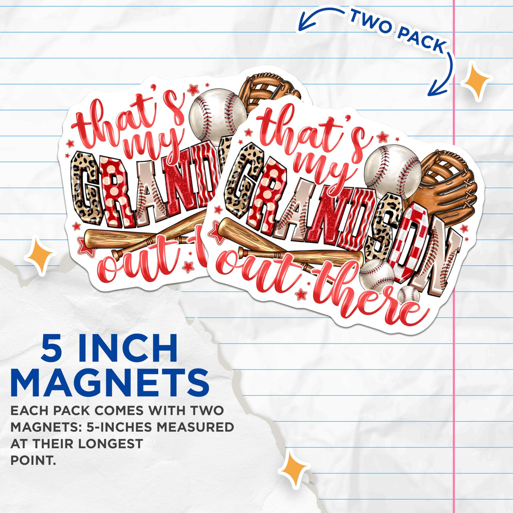 (2 Pack) Baseball Grandson Magnets - Proud Grandparent Game Day - Grandma Baseball Fan Sports - 5 Inches On Longest Side - Thick Durable Magnet - Made in USA - MAG25975