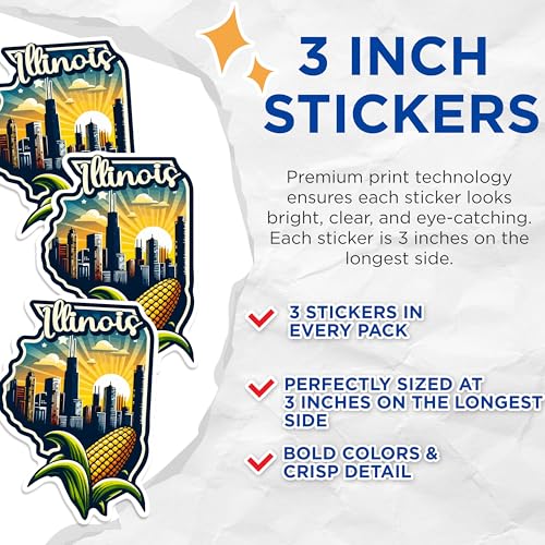 (3 Pack) Illinois Decals - Chicago Skyline - Corn State Decal - 3 Inches On Longest Side - Easy Peel & Apply - Made in USA - 3MCS0135