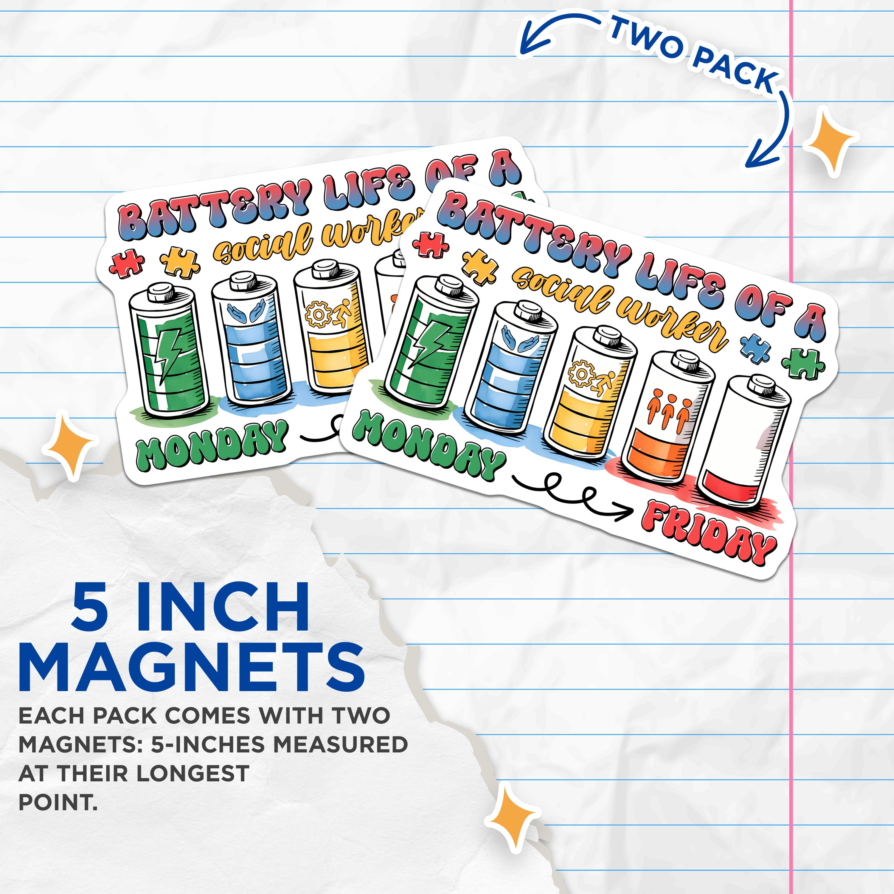 (2 Pack) Social Worker Battery Life Magnets - Funny MSW LCSW Humor - Case Manager Appreciation - 5 Inches On Longest Side - Thick Durable Magnet - Made in USA - MAG36419