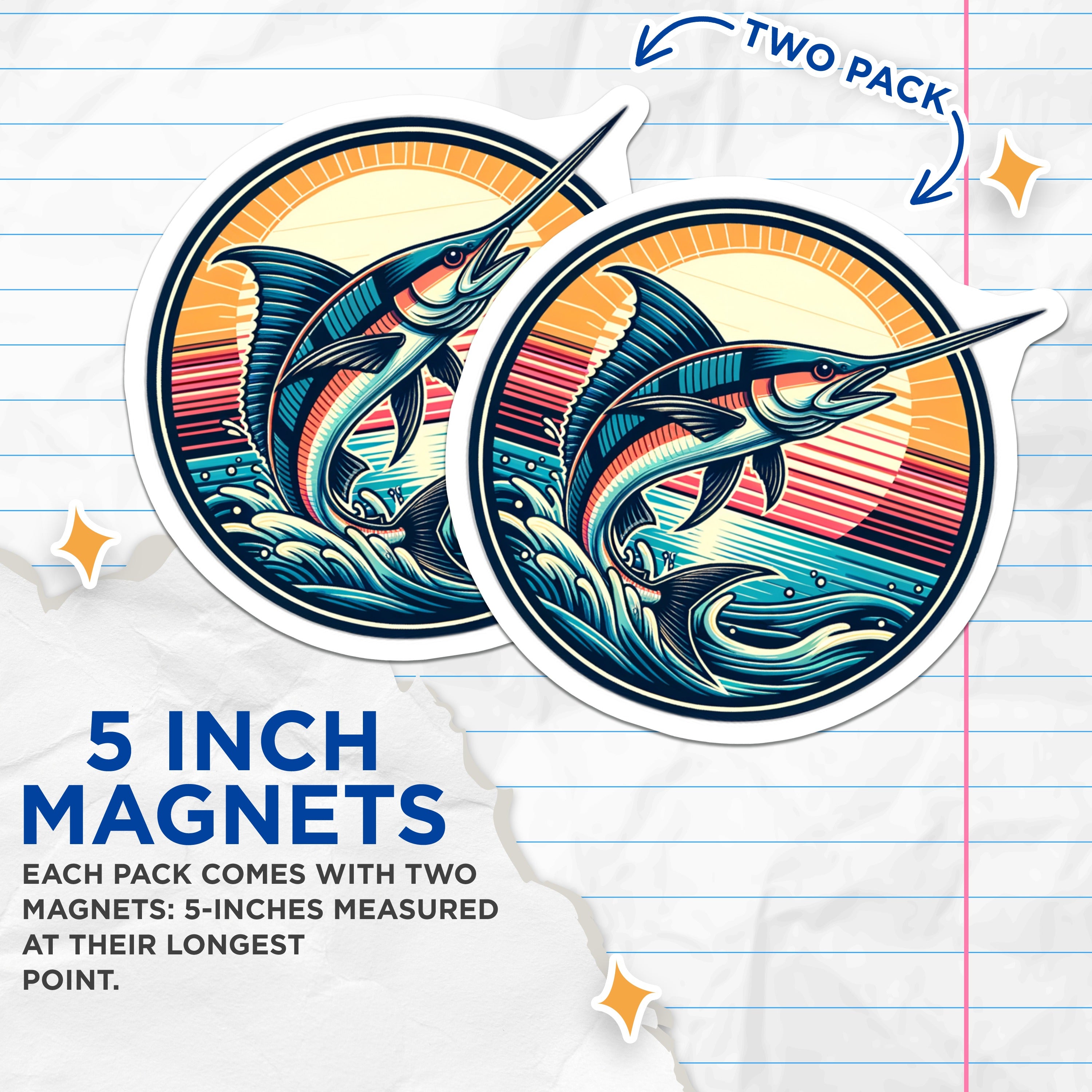 (2 Pack) Marlin Fishing Magnets - Ocean Billfish Angler - Coastal Home Decor - Refrigerator - 5 Inches On Longest Side - Thick Durable Magnet - Made in USA - MAG38103