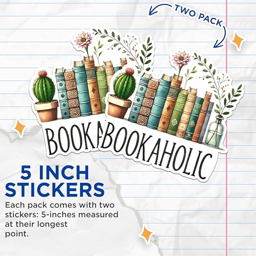 (2 Pack) Book Lover Stickers - Succulent Stickers - Bookaholic Stickers for Readers - 5" On Longest Side - Sticks to Any Smooth Flat Surface - Made in USA - BMCS2759