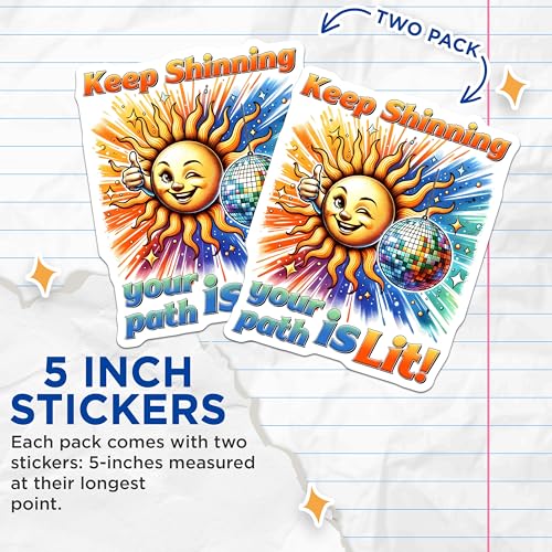 (2 Pack) Inspirational Sun Stickers - Winking Sun Sticker - Disco Ball Sticker Art - Keep Shining Positive Stickers - 5" On Longest Side - Sticks to Any Smooth Flat Surface - Made in USA - BMCS3231