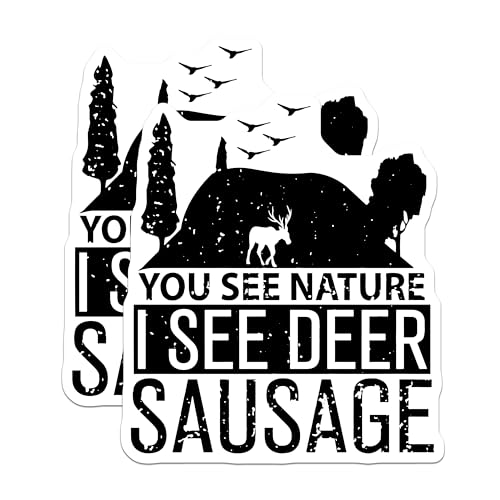 (2 Pack) You See Nature I See Deer Sausage Stickers - Funny Hunting Stickers - Outdoor Humor Decal for Hunters - 5" On Longest Side - Sticks to Smooth Flat Surfaces - Made in USA - BMCS5576