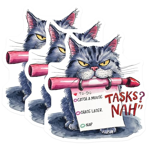 (3 Pack) Funny Cat Decals - Lazy Cat Meme - Tasks Nah to Do List Sticker - 3 Inches On Longest Side - Easy Peel & Apply - Made in USA - 3MCS7326