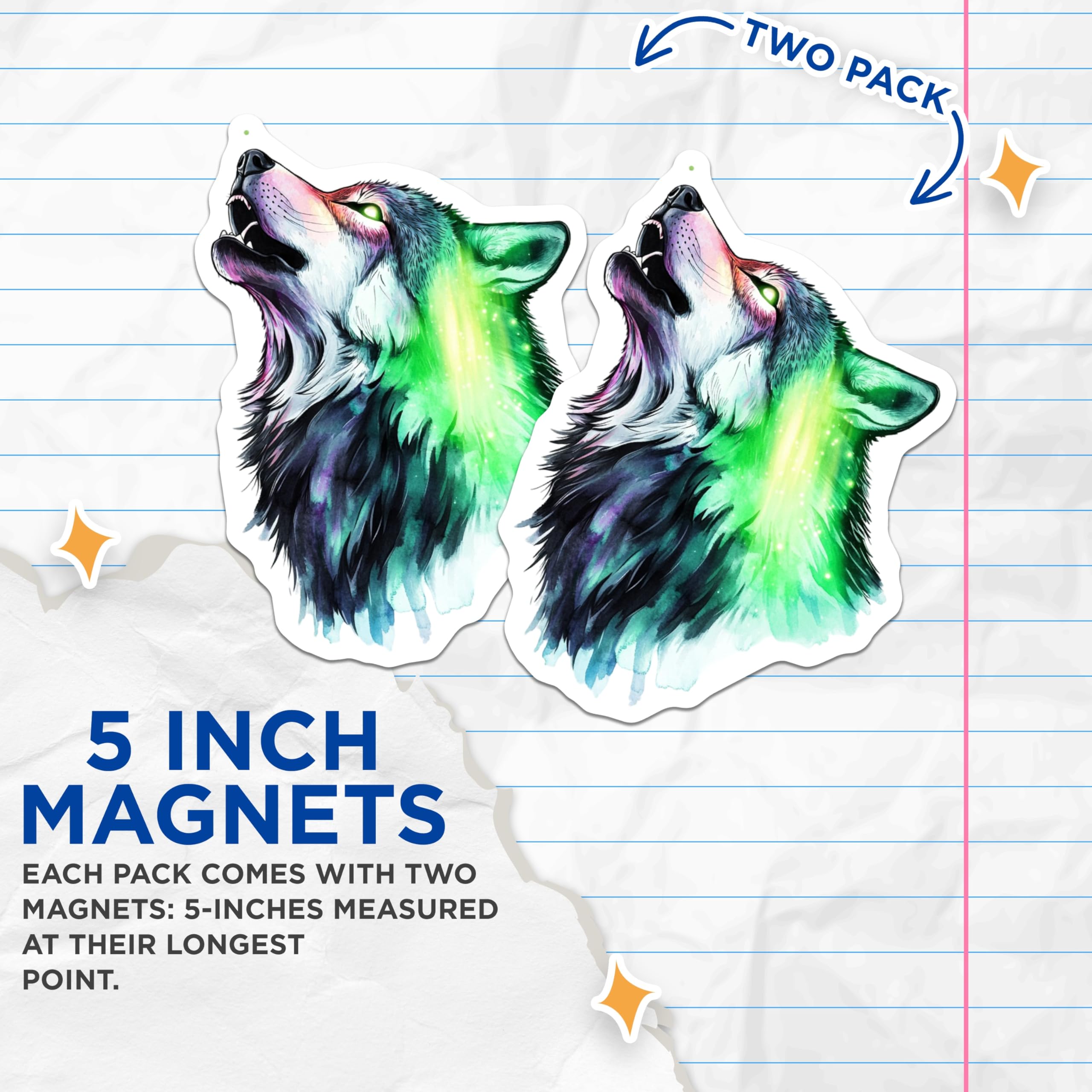 (2 Pack) Wolf Art Magnets - Howling Wolf Design - Watercolor Wolf Art - 5" On Longest Side - Premium Magnet - for Cars, Refrigerators, Toolboxes, Lockers - Made in USA - MAG15305