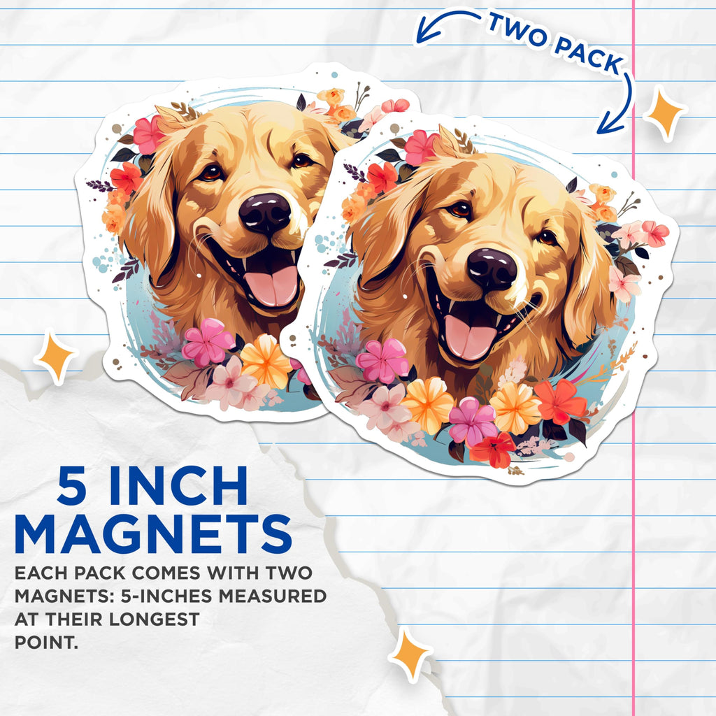 (2 Pack) Golden Retriever Magnets - Happy Dog Floral Design - Pet Lover Fridge Decor - 5 Inches On Longest Side - Thick Durable Magnet - Made in USA - MAG25792
