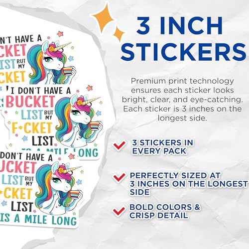 (3 Pack) Sarcastic Unicorn Decals - Bucket List - Funny Laptop Decals - 3 Inches On Longest Side - Easy Peel & Apply - Made in USA - 3MCS6565