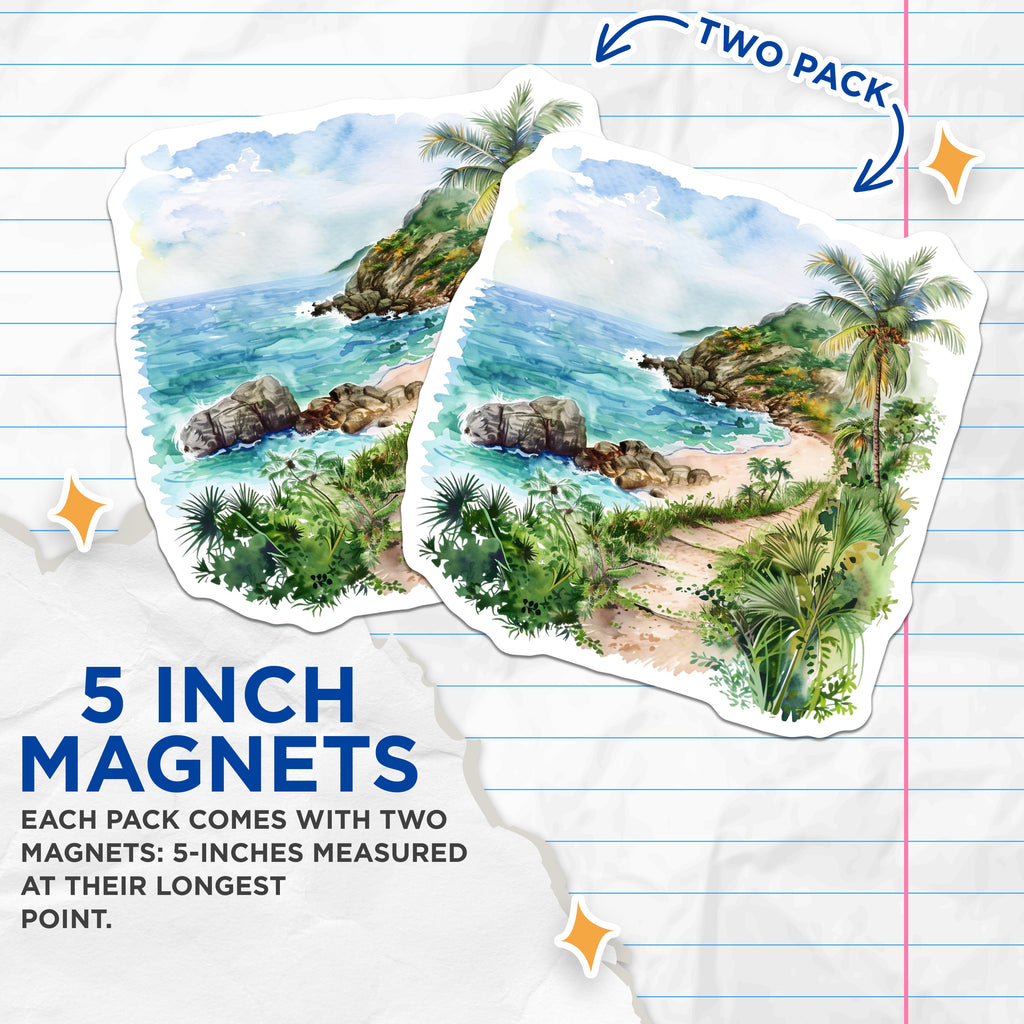 (2 Pack) Tropical Beach Magnets - Ocean Scene Art - Island Paradise Decor - Summer Vacation Keepsake for Fridge - 5 Inches On Longest Side - Thick Durable Magnet - Made in USA - MAG39525