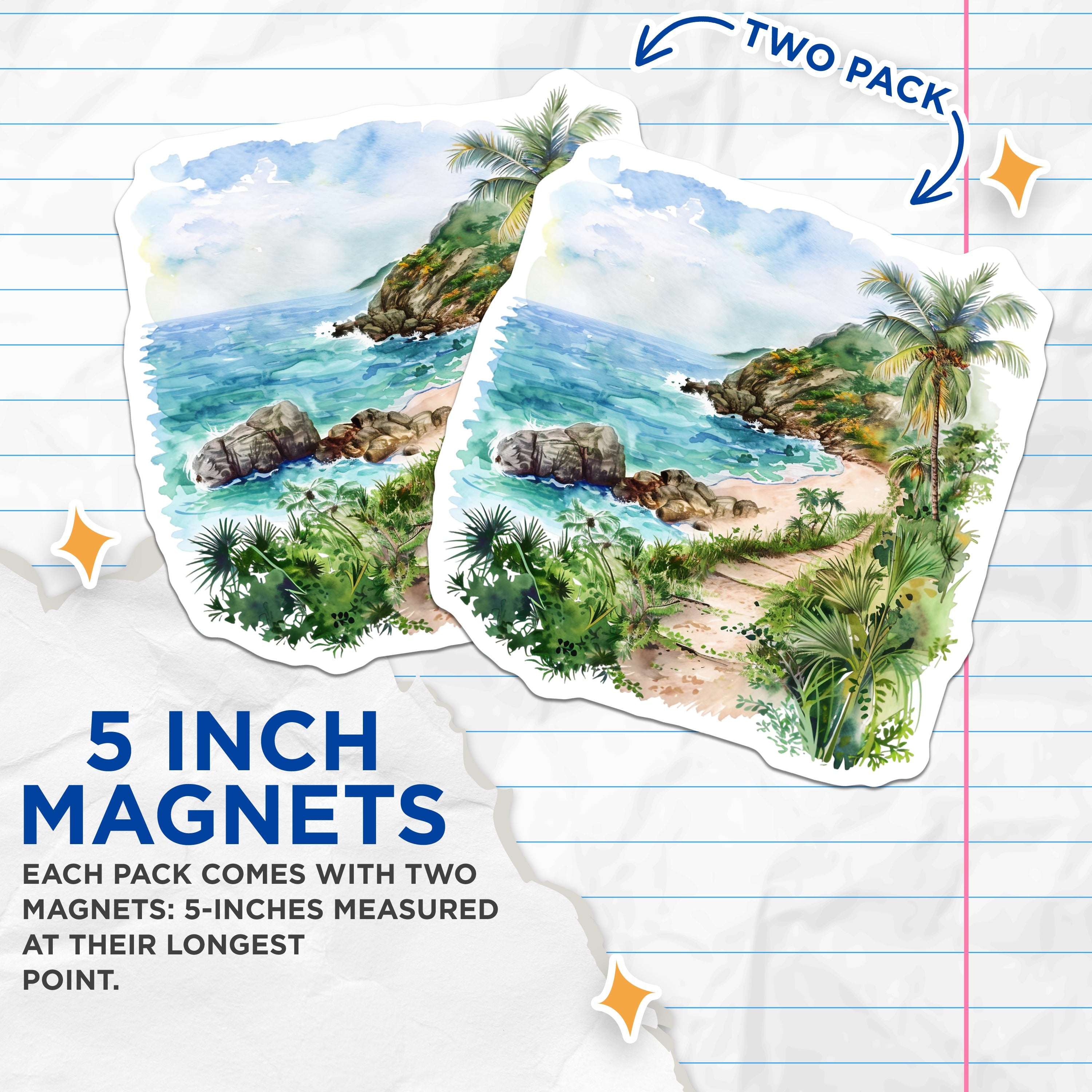 (2 Pack) Tropical Beach Magnets - Ocean Scene Art - Island Paradise Decor - Summer Vacation Keepsake for Fridge - 5 Inches On Longest Side - Thick Durable Magnet - Made in USA - MAG39525