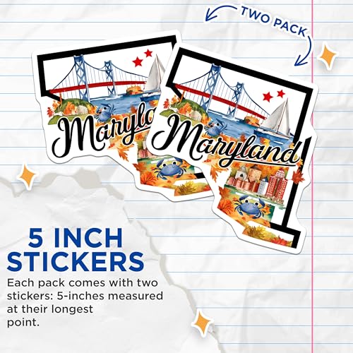 (2 Pack) Maryland State Stickers - Maryland Travel Decals - Maryland Landmarks Illustration Decals - 5" On Longest Side - Sticks to Smooth Flat Surfaces - Made in USA - BMCS6287