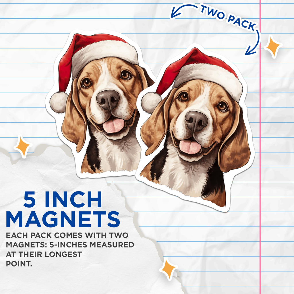 (2 Pack) Christmas Beagle Magnets - Santa Hat Dog Decor - Holiday Pet Lover Kitchen Refrigerator Magnets - 5 Inches On Longest Side - Thick Durable Magnet - Made in USA - MAG26386