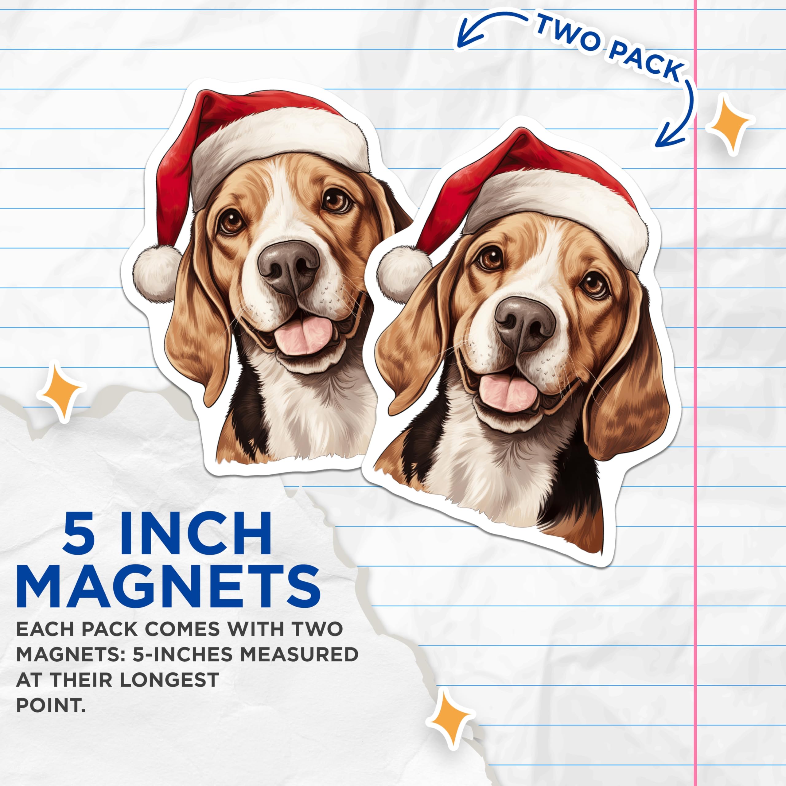 (2 Pack) Christmas Beagle Magnets - Santa Hat Dog Decor - Holiday Pet Lover Kitchen Refrigerator Magnets - 5 Inches On Longest Side - Thick Durable Magnet - Made in USA - MAG26386