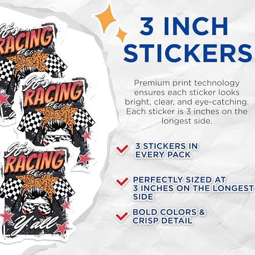 (3 Pack) Racing Decals - Messy Bun Mom - Race Car - Laptop Decal - 3 Inches On Longest Side - Easy Peel & Apply - Made in USA - 3MCS2197